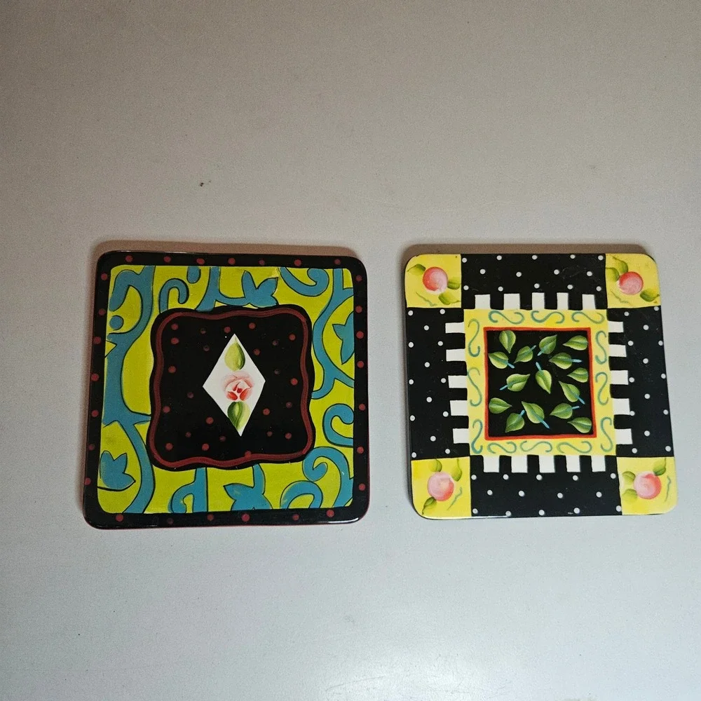 Vtg Joyce Shelton Set of 2 Whimsical Hand Painted Ceramic Tiles Cork Back Trivet
